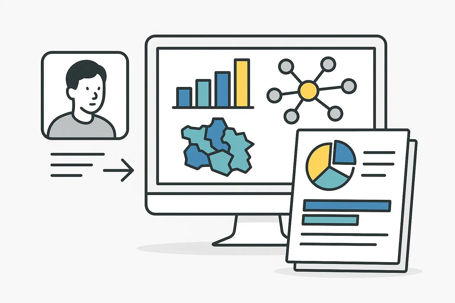 Interview Analysis visualization tools showing network diagrams and thematic maps